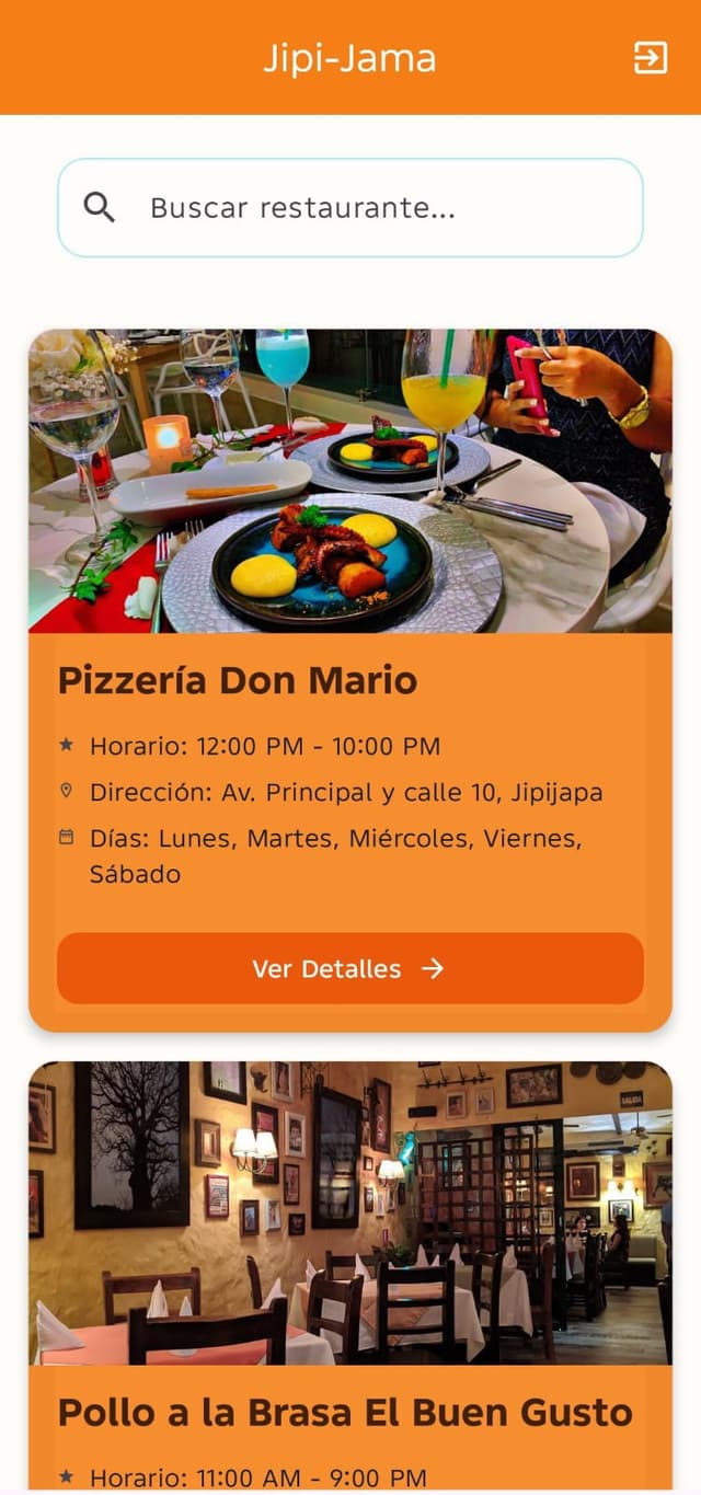 Captura de pantalla de la lista de locales en la app Jipi-Jama